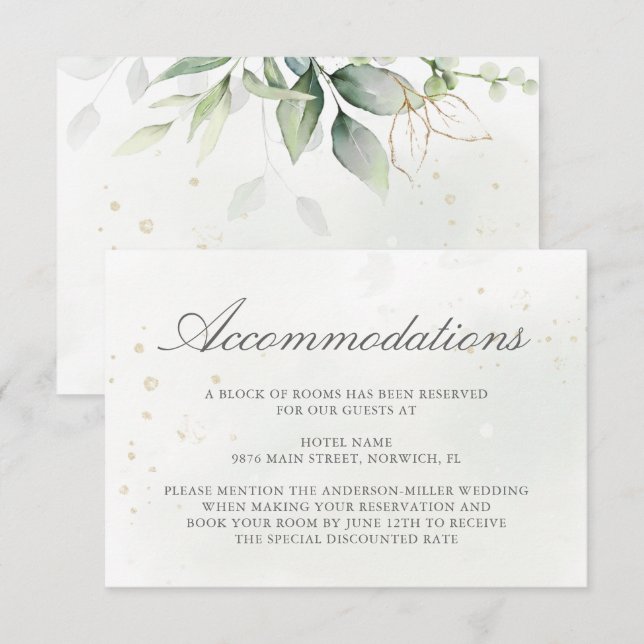 Carte D'accompagnement Elégant Eucalyptus Verdure Or Hébergements (Devant / Derrière)