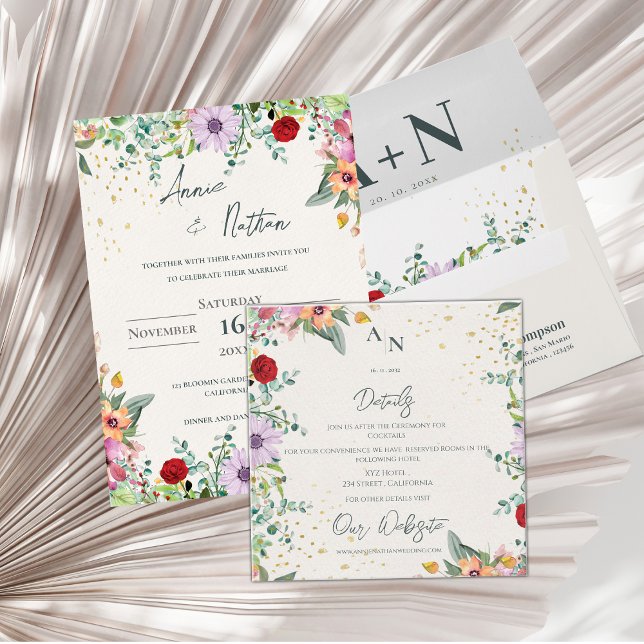 Carte D'accompagnement Élégant Fleur sauvage Monogram Floral Mariage Déta (Elegant Wildflower Monogram Floral Wedding Details Enclosure Card)