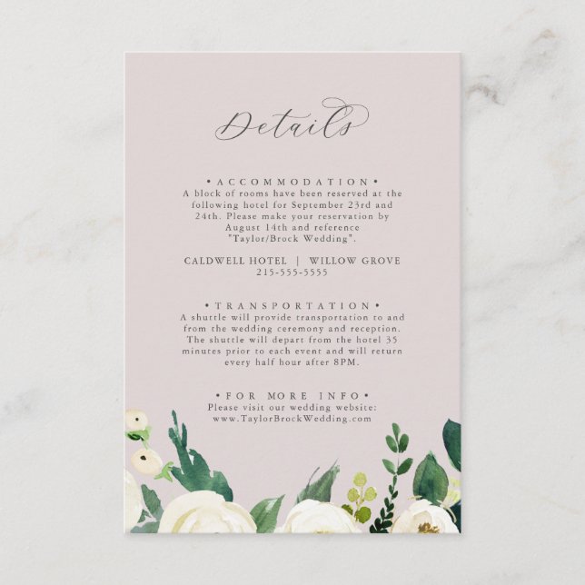 Carte D'accompagnement Élégant floral blanc | Détails du Mariage Blush Ma (Devant)