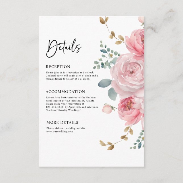 Carte D'accompagnement Elégant Floral Blush Pink Garden Détails de mariag (Devant)