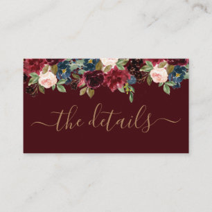 Carte D'accompagnement Élégant Floral Bourgogne Rouge Bijou Mariage