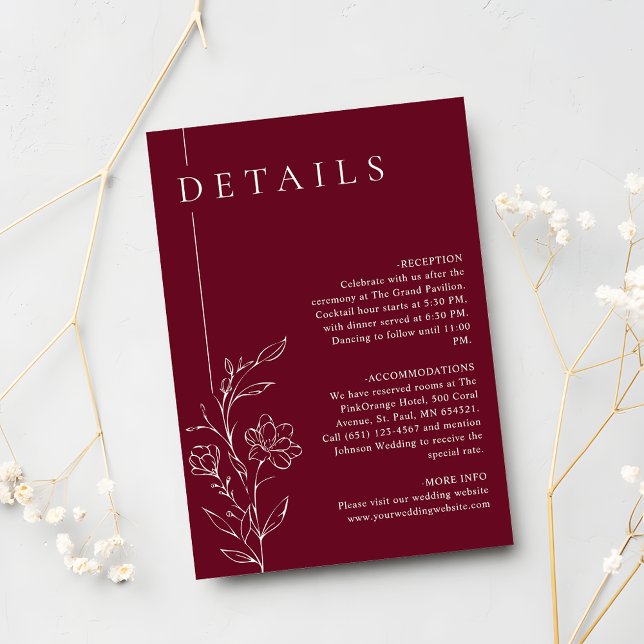 Carte D'accompagnement Elegant Floral Line Art Burgundy Wedding Details (Créateur téléchargé)