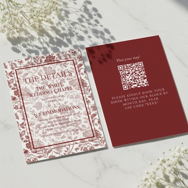 Carte D'accompagnement Elegant Floral Toile QR Code Wedding Details (Formally invite guests to your big day with this Elegant Floral Toile QR Code Wedding Details Card!)