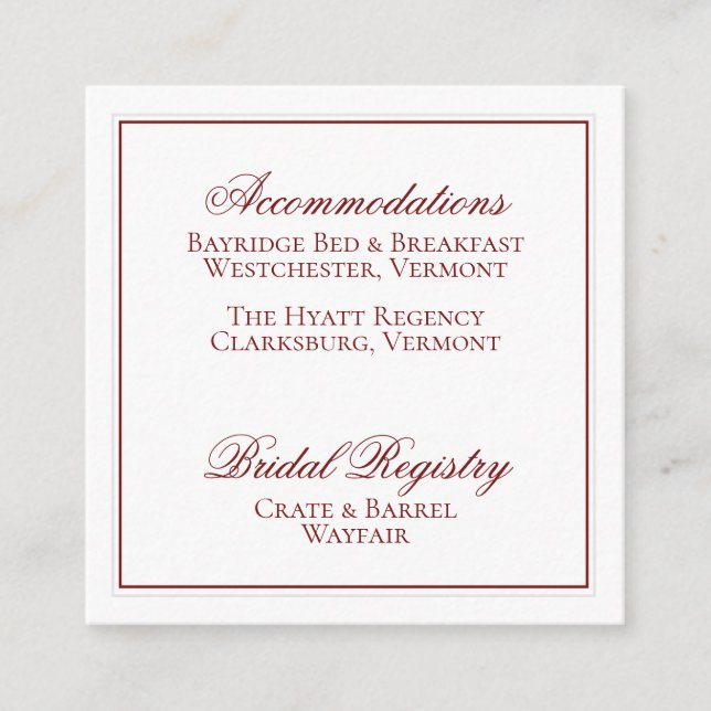 Carte D'accompagnement Elegant Garnet rouge et blanc Mariage détails cart (Devant)
