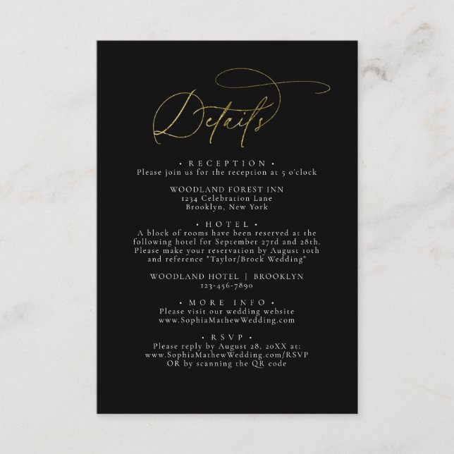 Carte D'accompagnement Elegant Glam Black and Gold Détails du Mariage (Devant)