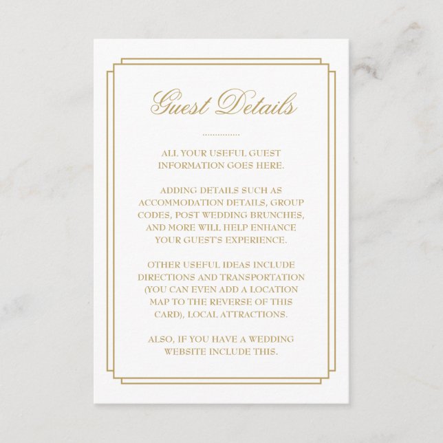 Carte D'accompagnement Elegant Gold Deco Mariage Détails sur l'invité (Devant)
