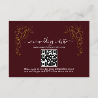 Carte D'accompagnement Elegant Gold Floral Deep Burgundy QR Code Wedding 