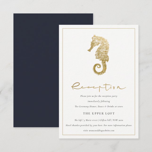 CARTE D'ACCOMPAGNEMENT ELÉGANT GOLD FOIL NAVY SEAHORSE RÉCEPTION DE MARIA (Devant / Derrière)