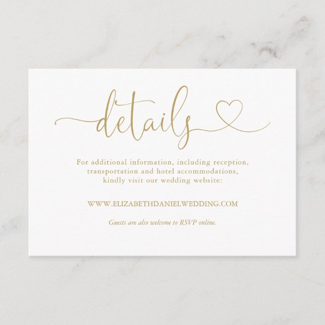 Carte D'accompagnement Elegant Gold Heart Script Détails du Mariage (Devant)