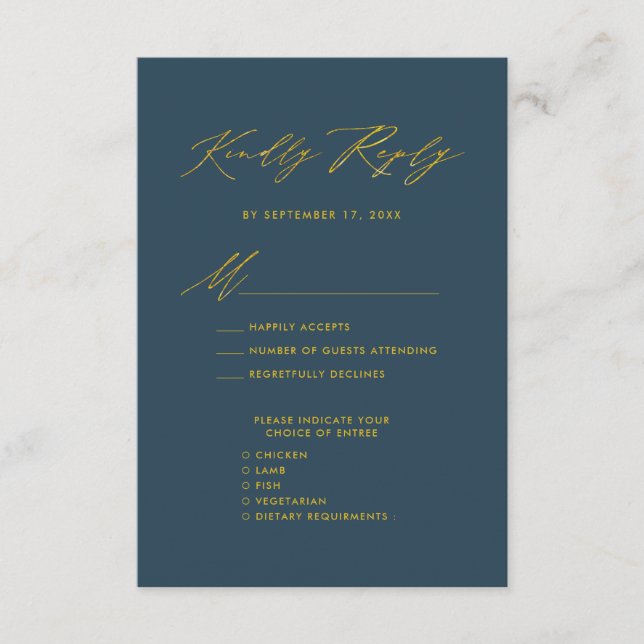 Carte D'accompagnement Elégant Gold Script Blue Minimalist Wedding RSVP (Devant)