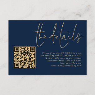 Carte D'accompagnement Elegant Gold Script Navy QR Code Détails du Mariag