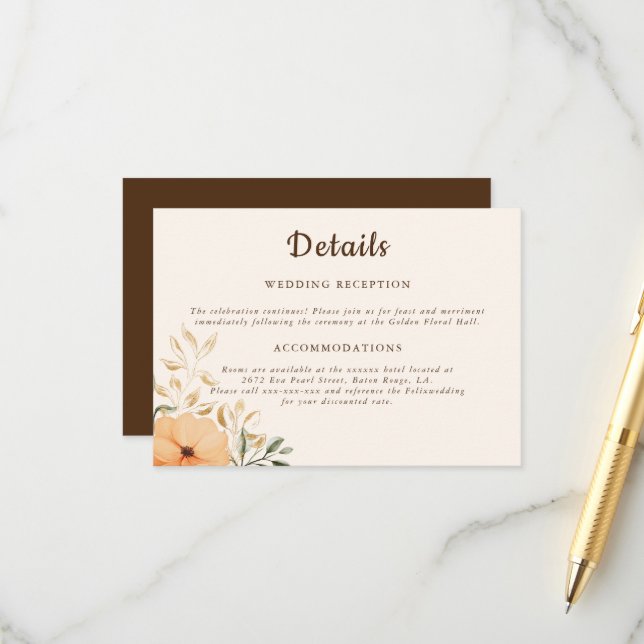 Carte D'accompagnement Elégant Golden Fall Flowers Mariage Détail (Devant/Arrière en situation)