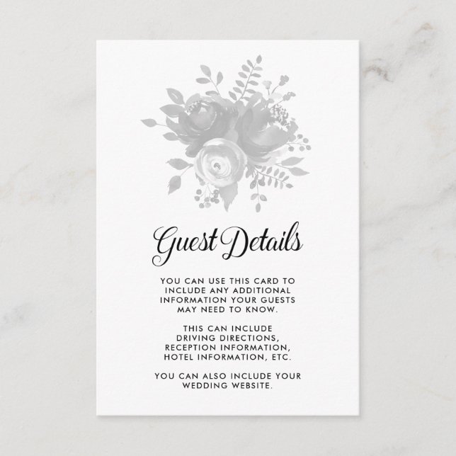 Carte D'accompagnement Elegant Grey Floral Mariage Détails de l'invité (Devant)