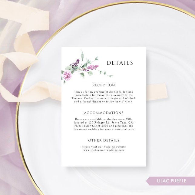 Carte D'accompagnement Elégant Lilac Purple Pastel Floral Détails du Mari (Créateur téléchargé)