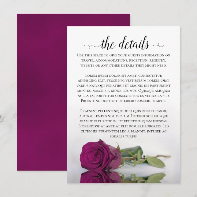 Carte D'accompagnement Elégant Magenta Reflet Rose Détails du Mariage (Devant / Derrière)