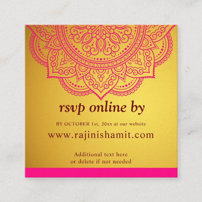 Carte D'accompagnement Elégant Mandala rose or et mariage indien RSVP (Devant)