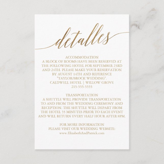 Carte D'accompagnement Élégant Mariage de calligraphie or Détail espagnol (Devant)