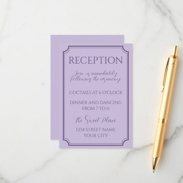Carte D'accompagnement Élégant Mariage de script Lilac (Devant/Arrière en situation)