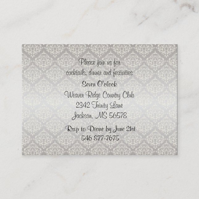 Carte D'accompagnement Élégant Mariage de style Damas Argent 1 (Devant)