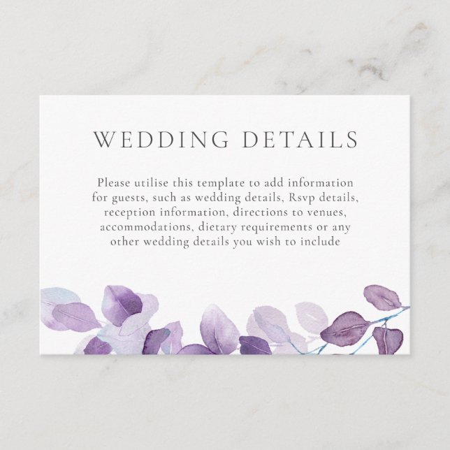 Carte D'accompagnement Elégant Mariage feuille violet Détails Réception (Devant)