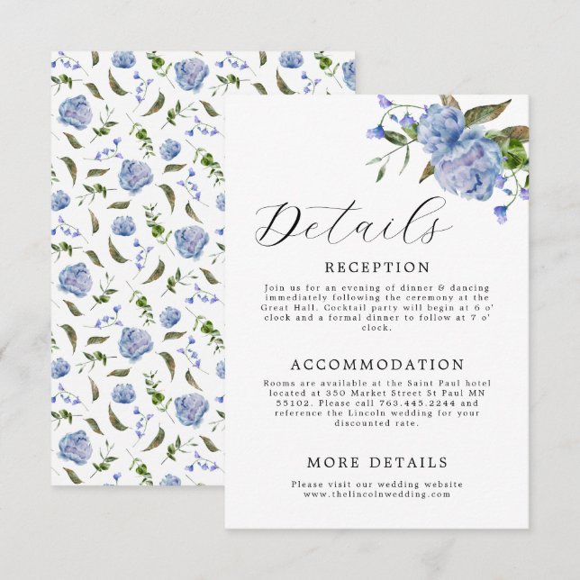 Carte D'accompagnement Élégant Mariage Floral Bleu (Devant / Derrière)