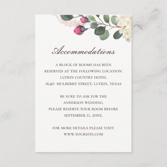 Carte D'accompagnement Élégant Mariage floral | Hébergement rose + QR (Devant)