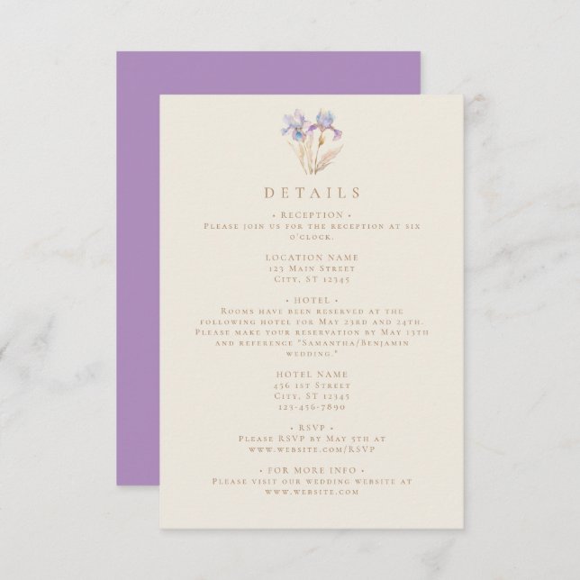 Carte D'accompagnement Élégant Mariage floral Iris (Devant / Derrière)