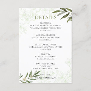 Carte D'accompagnement Elégant Mariage Floral Sage Green Olives Détails