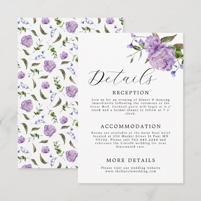 Carte D'accompagnement Élégant Mariage floral violet (Devant / Derrière)