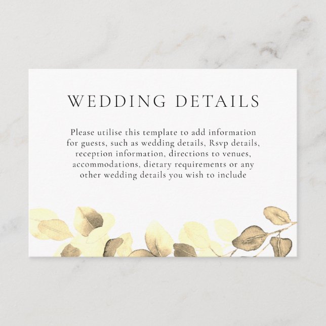 Carte D'accompagnement Elegant Mariage Gold Leaf Détails Réception (Devant)