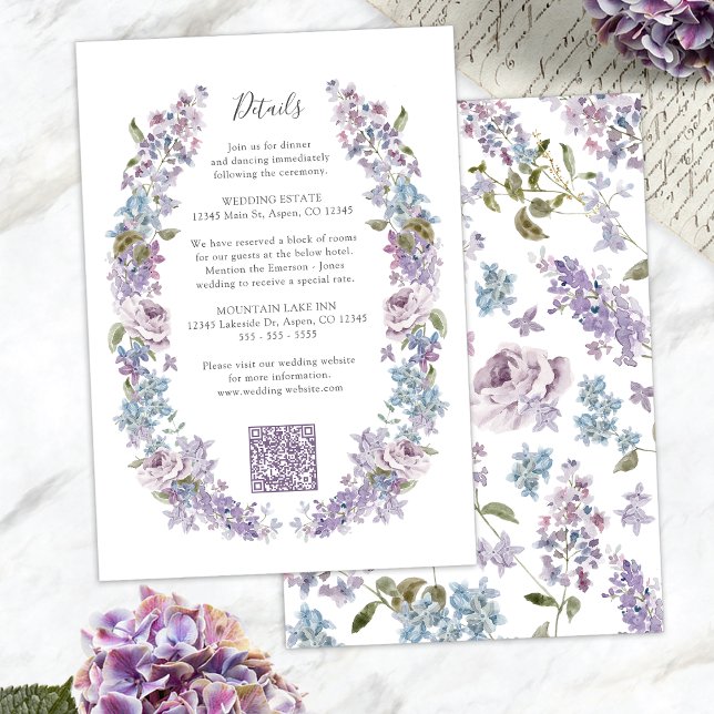 Carte D'accompagnement Élégant Mariage Lilac (Elegant Lilac Floral Wedding Details Enclosure Card with QR Code by Painted Paperie
)