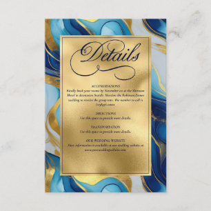 Carte D'accompagnement Elégant Mariage marbré Faux Gold, Bleu et Blanc