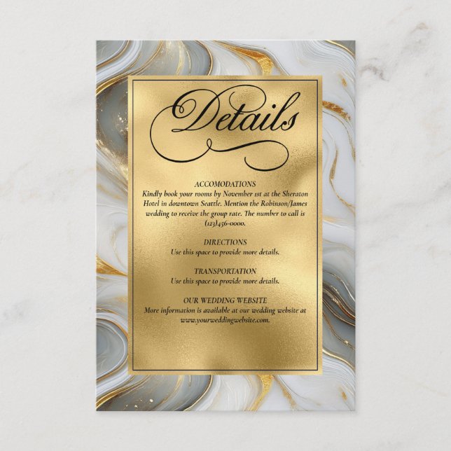 Carte D'accompagnement Elégant Mariage marbré Faux Gold, Grey et Blanc (Devant)