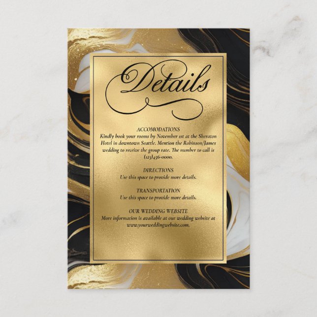 Carte D'accompagnement Elégant Mariage marbré Faux Gold, noir et blanc (Devant)