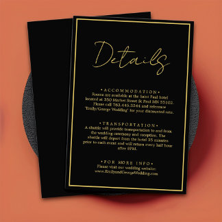 Carte D'accompagnement Élégant Mariage moderne Noir et Or Chic Détails