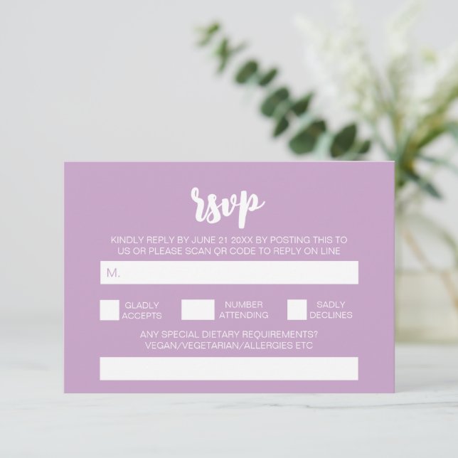Carte D'accompagnement Élégant Mariage Simple Moderne Lilas QR Code RSVP (Debout devant)