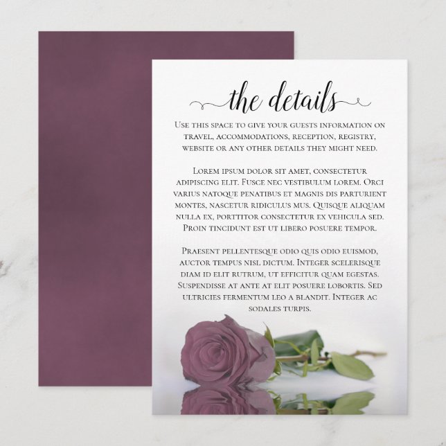 Carte D'accompagnement Elégant Mauve rose Reflet Rose Détails du Mariage (Devant / Derrière)