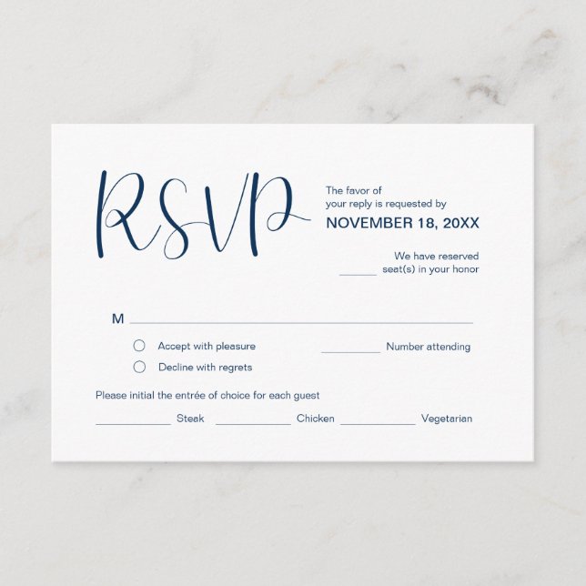 Carte D'accompagnement Élégant minimal moderne, RSVP, Bleu Marine, Répond (Devant)