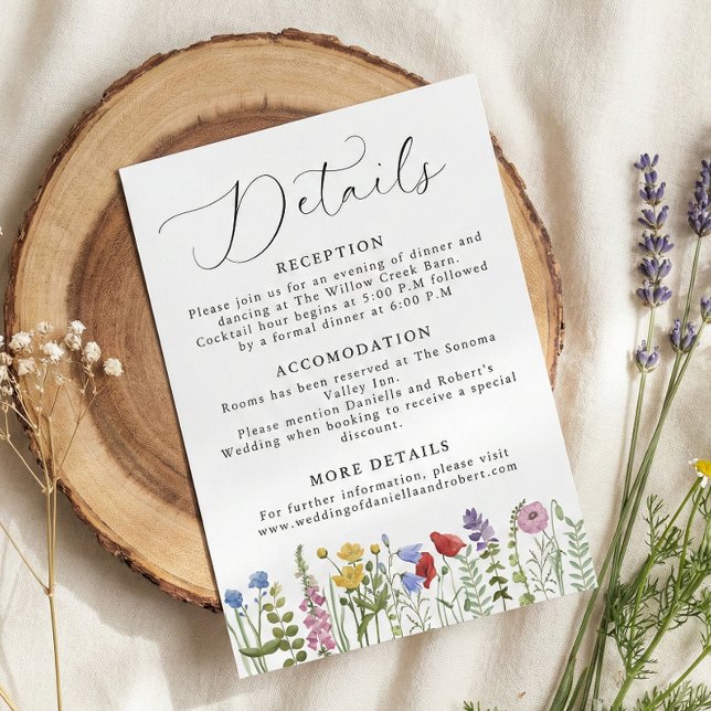 Carte D'accompagnement Elegant Minimalist Whimsical Wildflower Wedding (create your own personalized wildflower modern script calligraphy wedding details card)