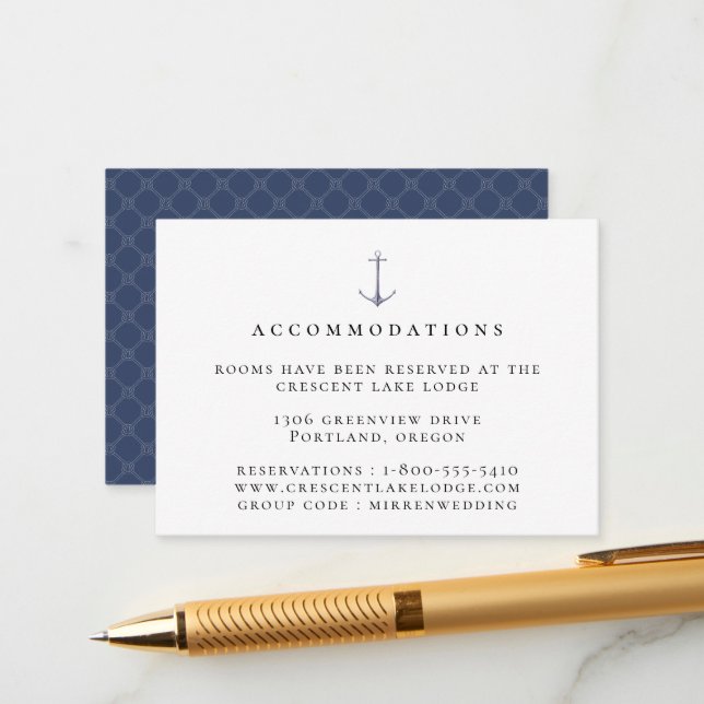 Carte D'accompagnement Elegant Nautical Anchor Wedding Accommodations (Devant/Arrière en situation)