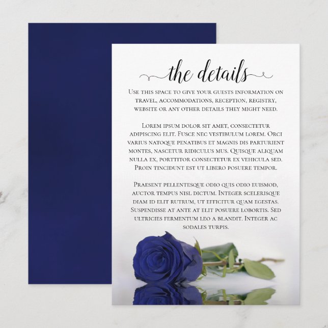 Carte D'accompagnement Elegant Navy Blue Reflet Rose Détails du Mariage (Devant / Derrière)