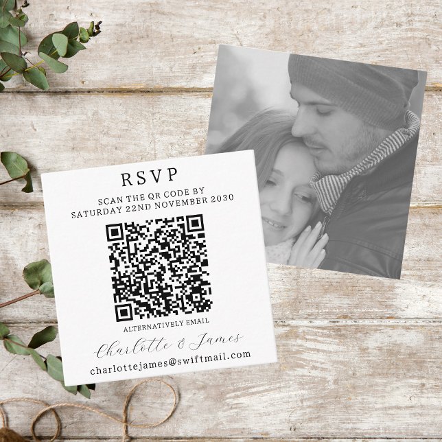 Carte D'accompagnement Elégant noir et blanc photo QR Code RSVP (Créateur téléchargé)