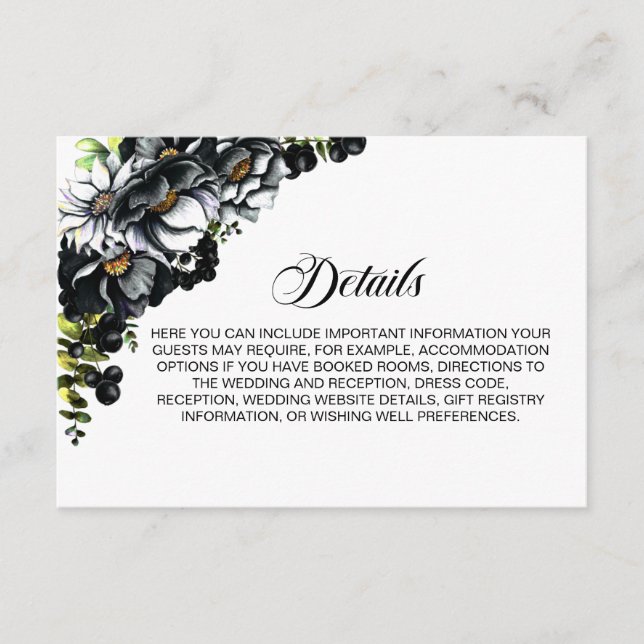 Carte D'accompagnement Elégant noir Floral Détails du Mariage (Devant)