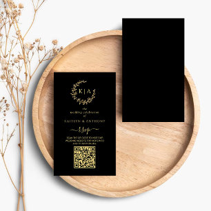 Carte D'accompagnement Elégant Noir & Or Monogramme Wreath Wedding RSVP