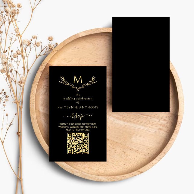 Carte D'accompagnement Elégant Noir & Or Monogramme Wreath Wedding RSVP (Créateur téléchargé)