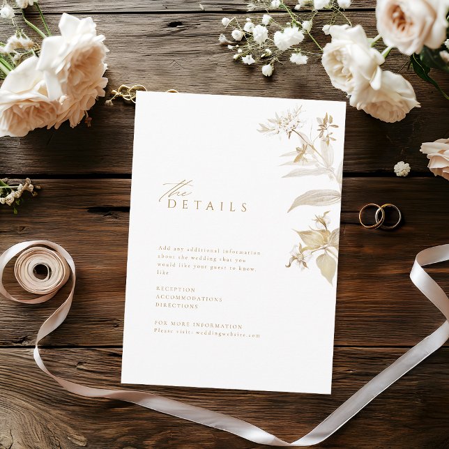 Carte D'accompagnement Elegant or Botanique Floral Détails Mariage (Elegant Gold Botanical Floral Wedding Details Enclosure Card)