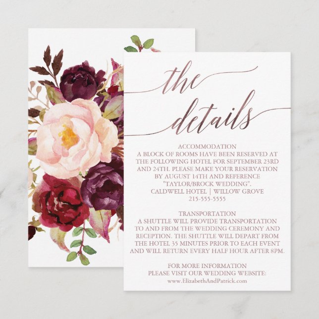 Carte D'accompagnement Élégant or Rose | Fiche d'insertion des détails fl (Devant / Derrière)