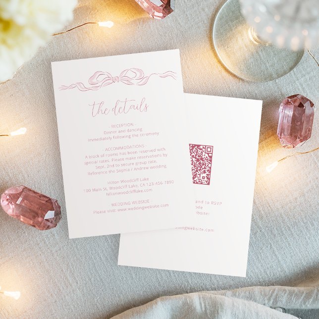 Carte D'accompagnement Elégant Pastel rose main tiré Bow Détails du Maria (Elegant Pastel Pink Hand Drawn Bow Wedding Details Enclosure Card)