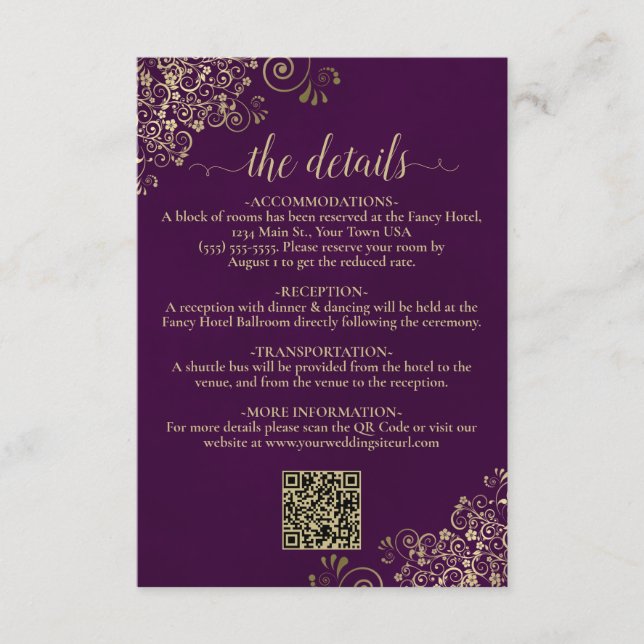 Carte D'accompagnement Elegant Plum Purple & Gold Mariage QR Code Détails (Devant)