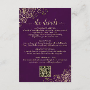 Carte D'accompagnement Elegant Plum Purple & Gold Mariage QR Code Détails
